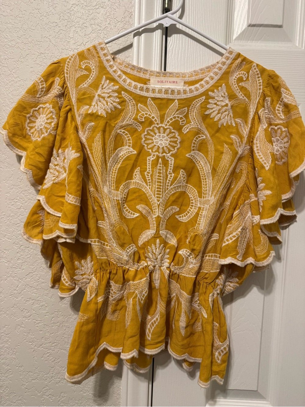 Solitaire Mustard Yellow Embroidered Ruffle-Sleeve Top